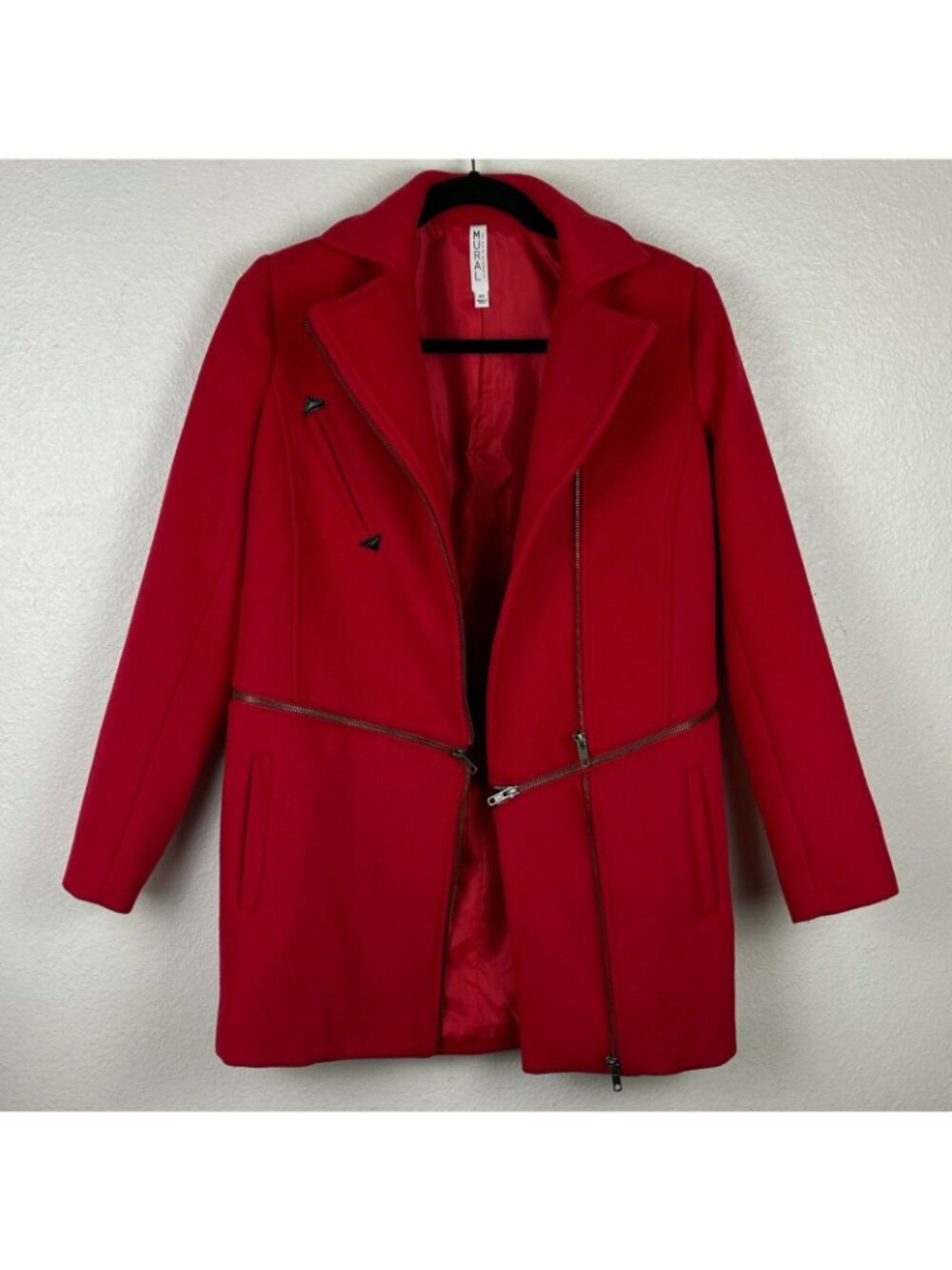 MURAL Jacket Women's Sz XS Wool Convertible Zippered Collared Peacoat Lined Red - Picture 3 of 10